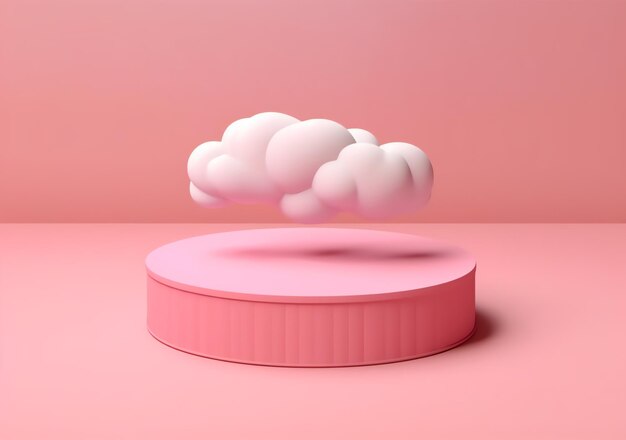 Foto realista nubes blancas esponjosas y podio de productos con círculo en el fondo rosa maqueta para