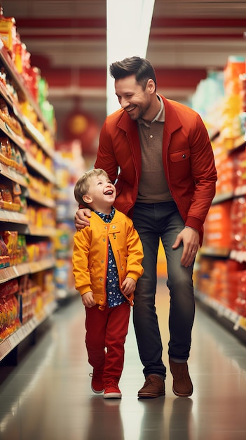 Foto realista de un padre y su hijo felices dentro del supermercado