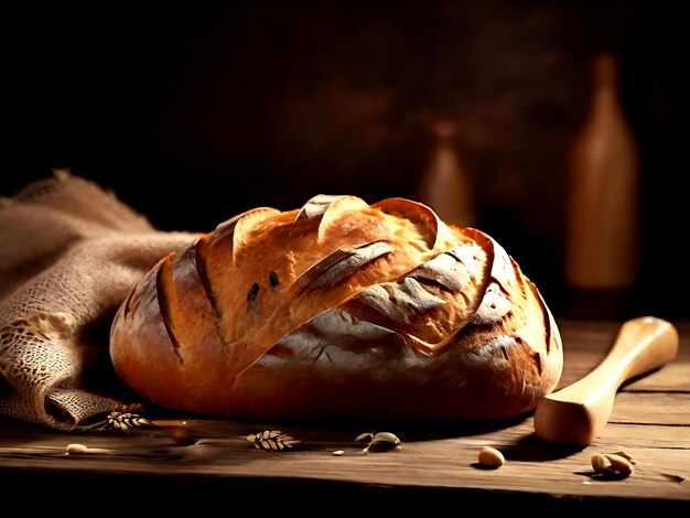 Foto foto realista de pan recién horneado en una mesa de madera rústica una delicia casera generada por ia