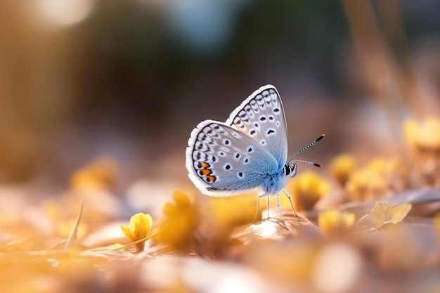foto realista plebejus argus pequeña mariposa vuela mostrando las alas con un fabuloso fondo borroso