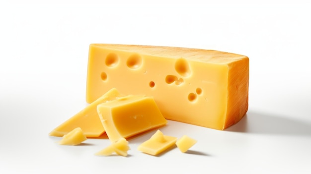 Foto realista de primer plano con un pedazo de queso cheddar afilado contra un fondo blanco Generativo