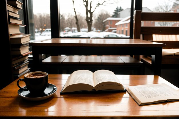 Foto foto realista de una taza de café y un libro en una mesa de madera en una cafetería con una atmósfera acogedora