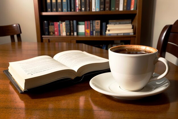 Foto foto realista de una taza de café y un libro en una mesa de madera en una cafetería con una atmósfera acogedora