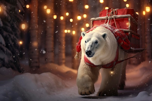 foto realista urso polar usando um arnês e puxando um trenó vermelho através de um encantamento coberto de neve