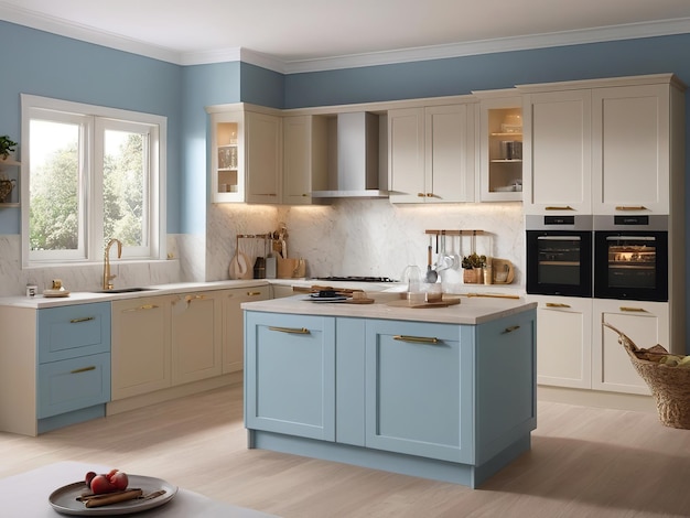 foto realista de la vista de la ventana de la cocina moderna azul claro