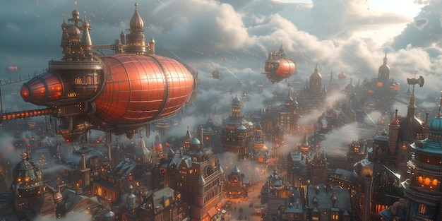 Foto realistisch von Ein gemütlicher Steampunk-Stil Heißluftballon