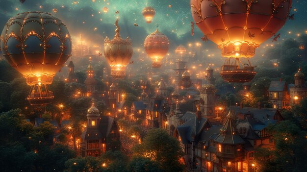 Foto realistisch von Ein gemütlicher Steampunk-Stil Heißluftballon