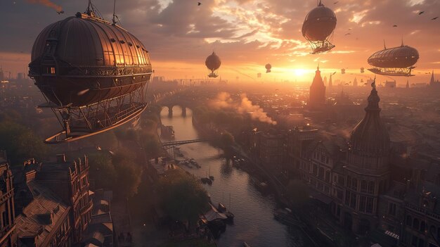 Foto realistisch von Ein gemütlicher Steampunk-Stil Heißluftballon