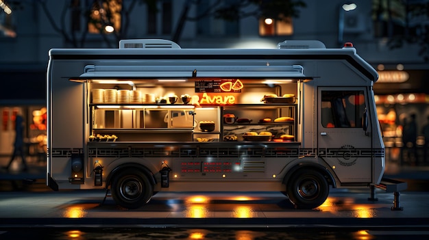 Foto foto-realistisches konzept hochauflösungsbild eines food-trucks, der kunden mit glänzendem hintergrund bedient