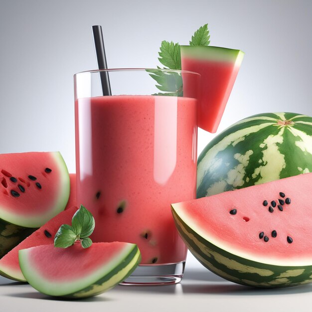 Foto-realistisches Wassermelonen-Smoothie-Zweig mit isoliertem weißem Papierhintergrund
