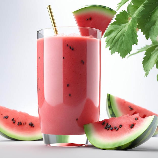 Foto-realistisches Wassermelonen-Smoothie-Zweig mit isoliertem weißem Papierhintergrund