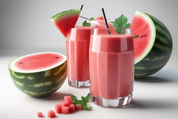 Foto-realistisches Wassermelonen-Smoothie-Zweig mit isoliertem weißem Papierhintergrund