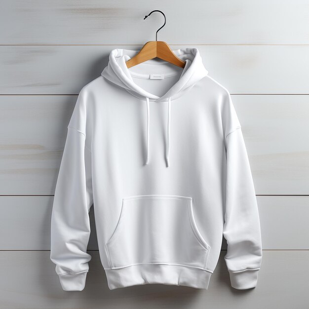 Foto-realistisches weißes Hooded-Sweatshirt Gildan 18500 hängt an der Wand Das Sweatshirt ist leer