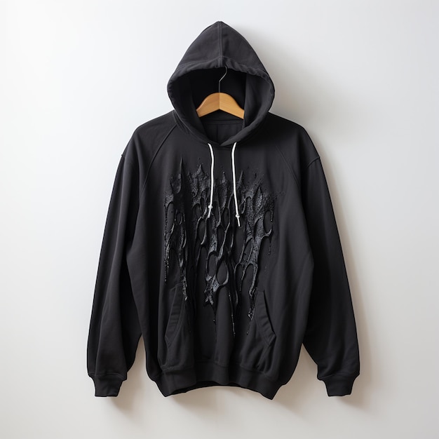 Foto-realistisches weißes Hooded-Sweatshirt Gildan 18500 hängt an der Wand Das Sweatshirt ist leer