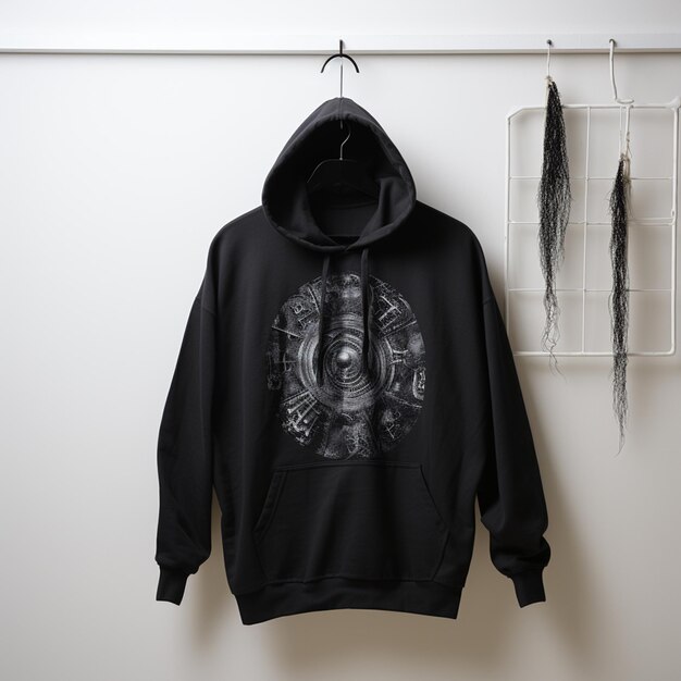 Foto-realistisches weißes Hooded-Sweatshirt Gildan 18500 hängt an der Wand Das Sweatshirt ist leer