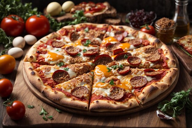 Foto de rebanadas de pizza con queso mozzarella, tomates y aceitunas en tablero de madera. ai generativo