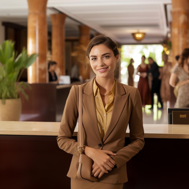 Foto de una recepcionista sonriente en la recepción del hotel generada por IA