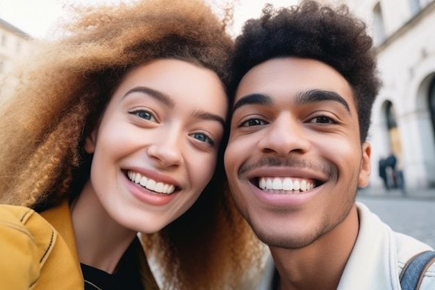 Foto recortada de duas pessoas tirando uma selfie juntas, criada com IA generativa