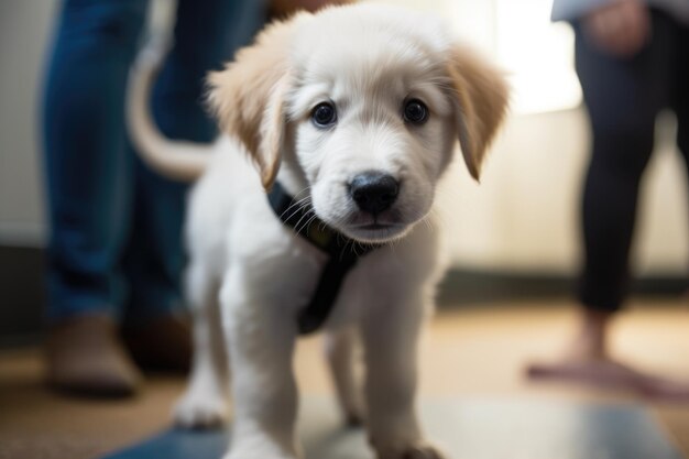 Foto recortada de um cachorrinho adorável andando dentro de uma sala de aula