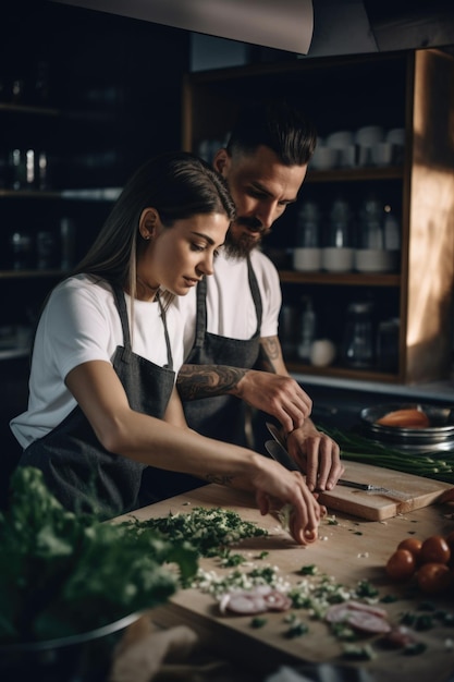 Foto recortada de um casal preparando comida juntos na cozinha criada com ai generativa