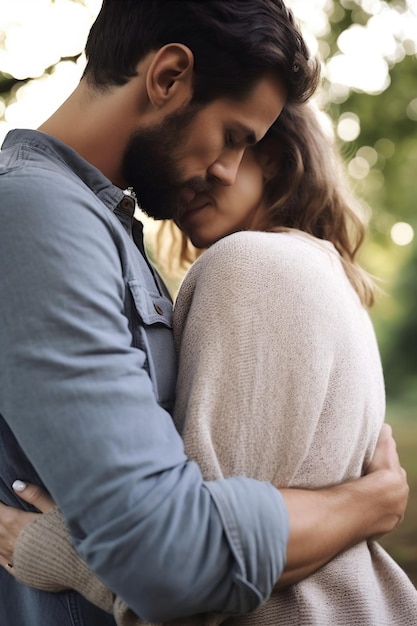 Foto recortada de um casal se abraçando ao ar livre