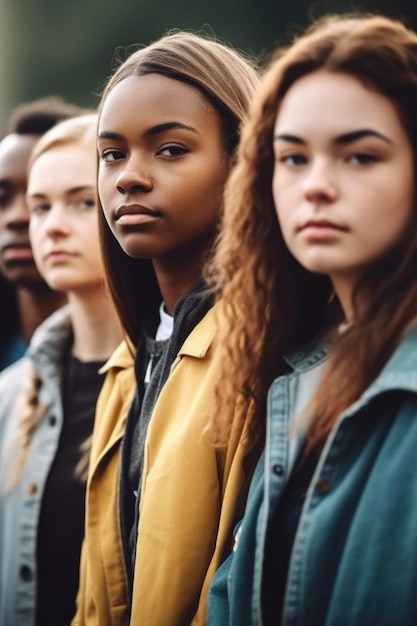 Foto recortada de um grupo de jovens manifestantes juntos, criados com IA generativa