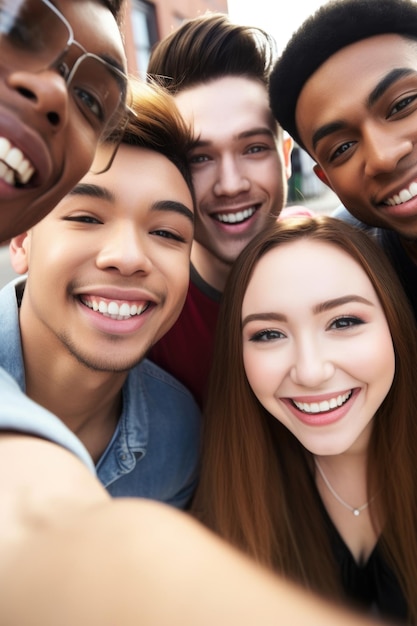 Foto recortada de um grupo de jovens tirando uma selfie juntos