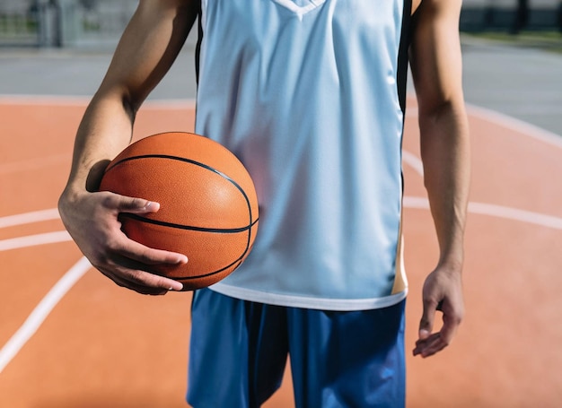 Foto recortada de um jogador de basquete segurando uma bola