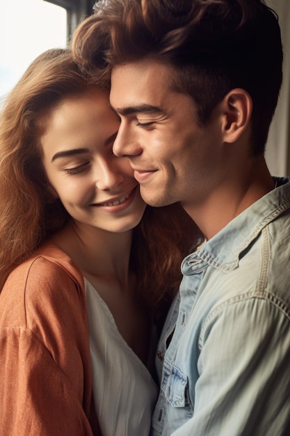 Foto recortada de um jovem casal afetuoso abraçando