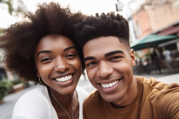 Foto recortada de um jovem casal tirando uma selfie enquanto comia, criada com IA generativa