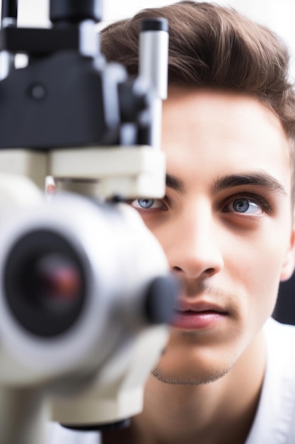 Foto recortada de um jovem sendo testado em um exame oftalmológico criado com IA generativa
