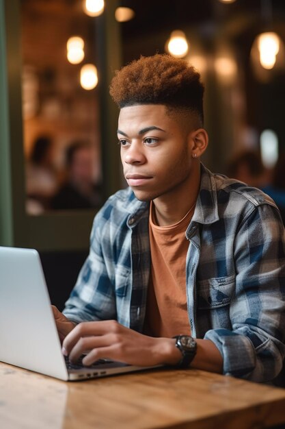 Foto foto recortada de um jovem sentado em uma cafeteria usando seu laptop