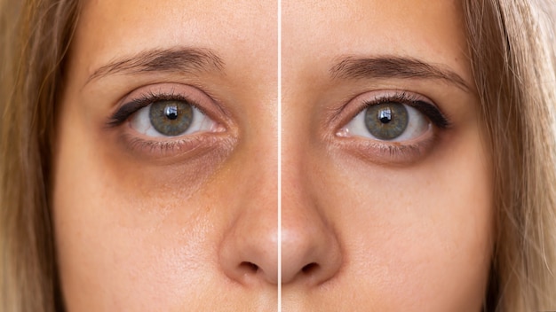 Foto recortada de um rosto de jovem feminino Olhos verdes femininos com hematoma sob o olho antes após o tratamento