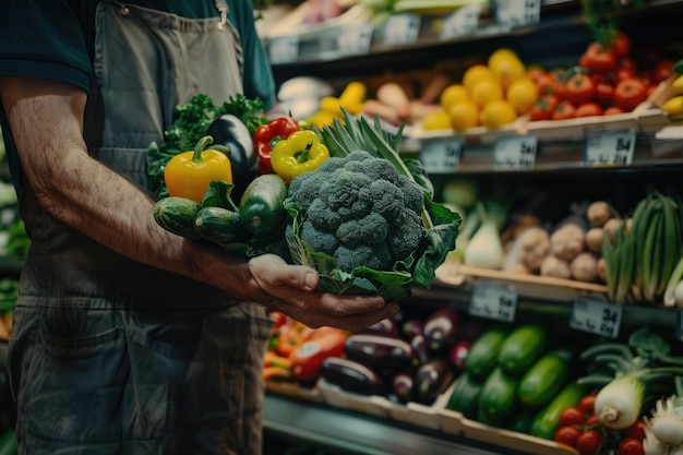 Foto recortada de um trabalhador de supermercado demonstrando os produtos frescos na frente da câmera