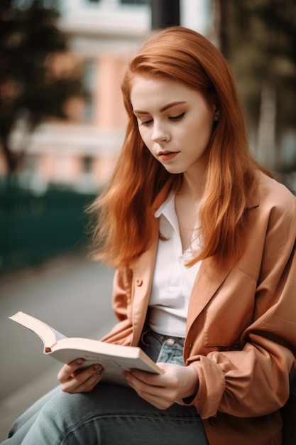 Foto recortada de uma bela jovem sentada ao ar livre e lendo um livro