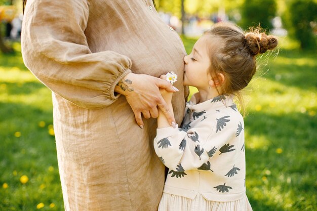 Foto recortada de uma garotinha beijando a barriga grávida da mãe no parque