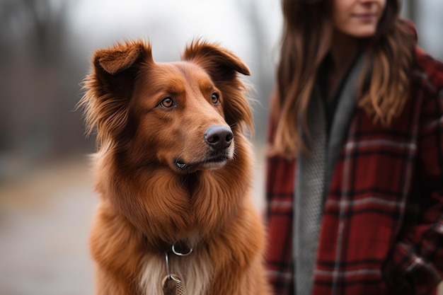 Foto recortada de uma mulher e seu cachorro do lado de fora