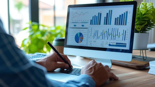 Foto recortada de un hombre de negocios examinando diagramas de negocios estadísticas de marketing y mercado financiero
