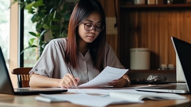 Foto recortada linda mulher asiática trabalhando com papel financeiro