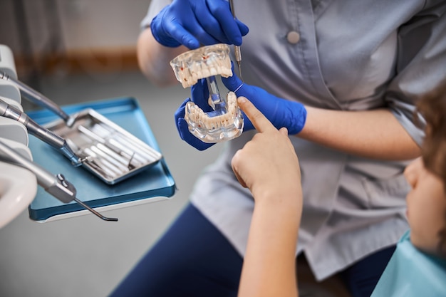 Foto recortada de un niño lindo aprendiendo más sobre cómo funcionan los dientes humanos gracias a su dentista