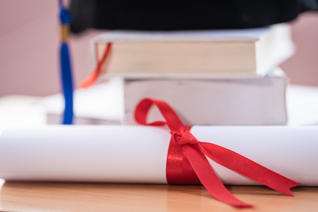 Foto recortada de un sombrero de graduación universitaria y un certificado de grado de diploma en la mesa