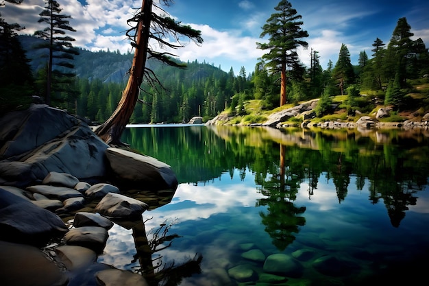 Foto del reflejo del pino en un lago cristalino