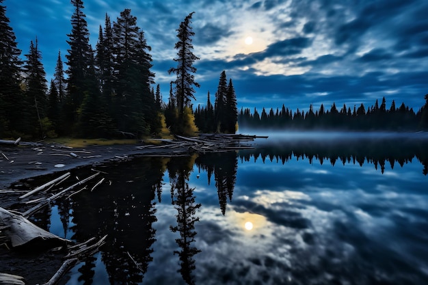 Foto de los reflejos de la luz de la luna en la superficie de un lago vidrioso