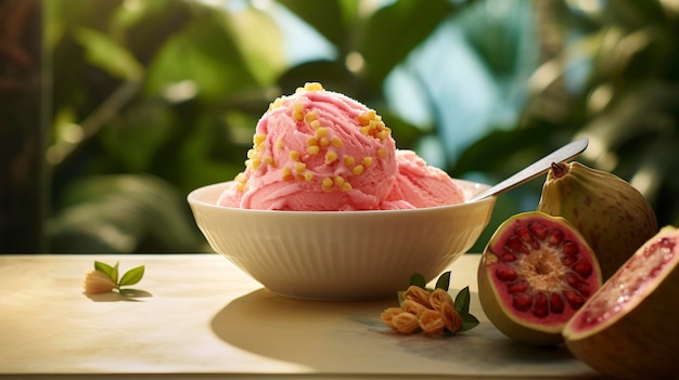 Foto una foto de un remolino de sorbete de fruta de la pasión de la guayaba