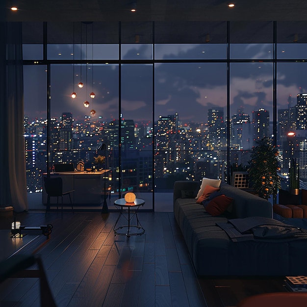 Foto renderizada en 3D de 10h de un apartamento con vistas a las luces de la ciudad por la noche al estilo naturalista