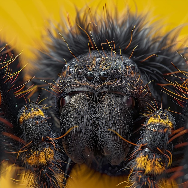 Foto renderizada en 3D de una araña con un cuerpo negro y amarillo cubierto de plumas negras
