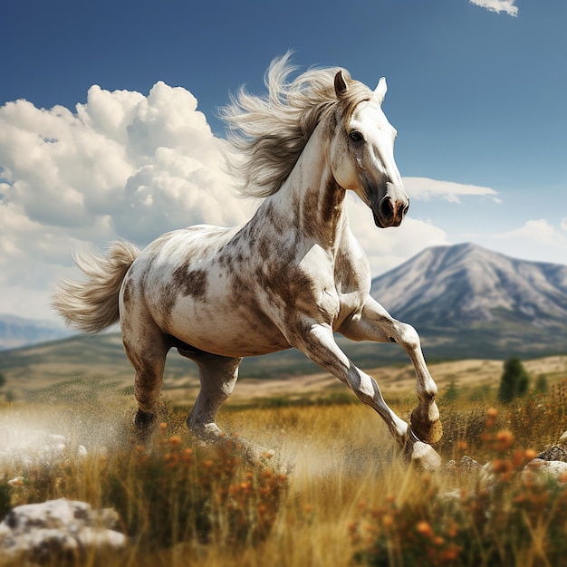 Foto renderizada en 3D de un caballo corriendo por los campos