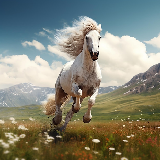 Foto renderizada en 3D de un caballo corriendo por los campos