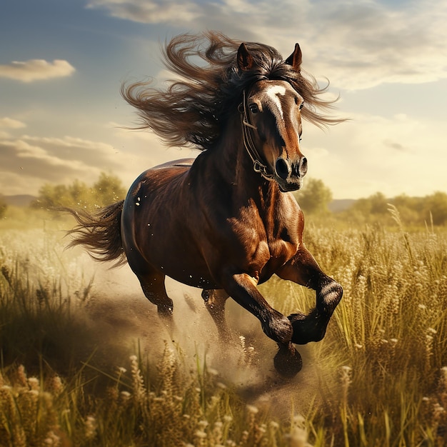 Foto renderizada en 3D de un caballo corriendo por los campos