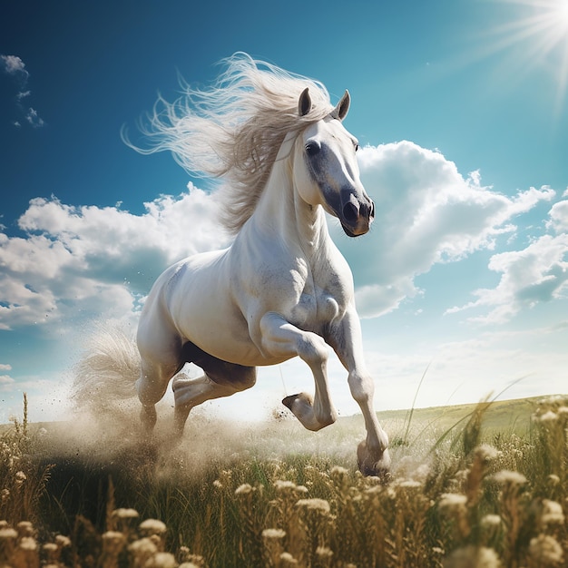 Foto renderizada en 3D de un caballo corriendo por los campos